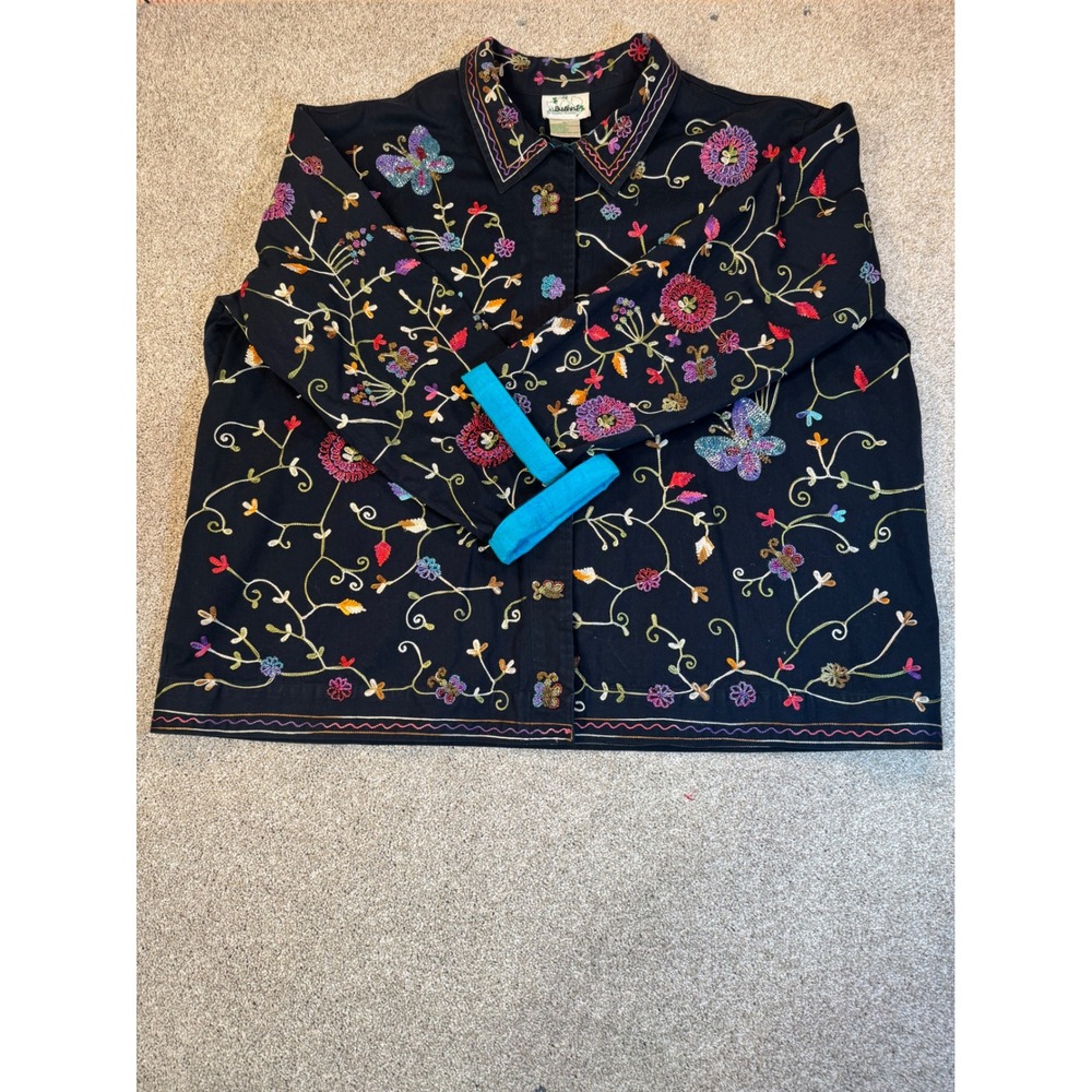 Quacker Factory Embroidered Beaded Butterfly Floral Jacket Black Cotton 3X